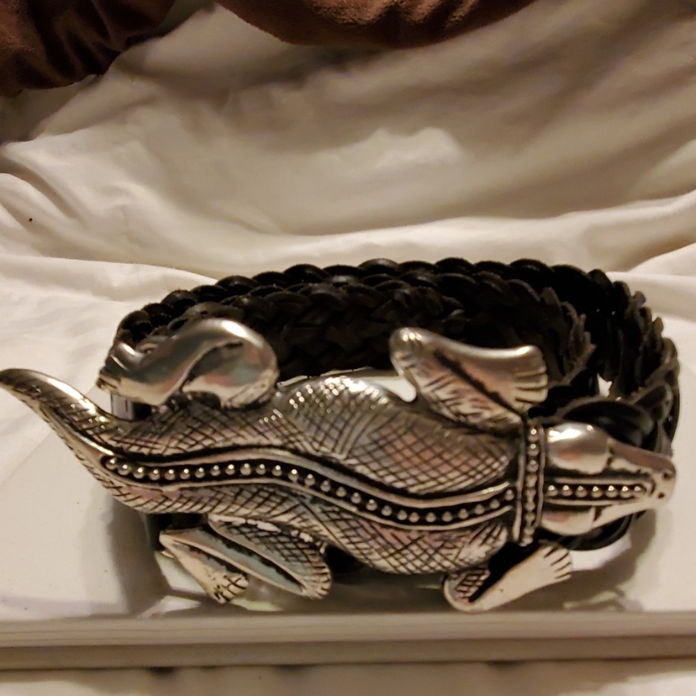 Chico's black leather belt w/crocodile buckle